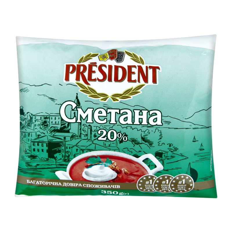 Сметана PRESIDENT 20%, 350г, плівка поліетиленова